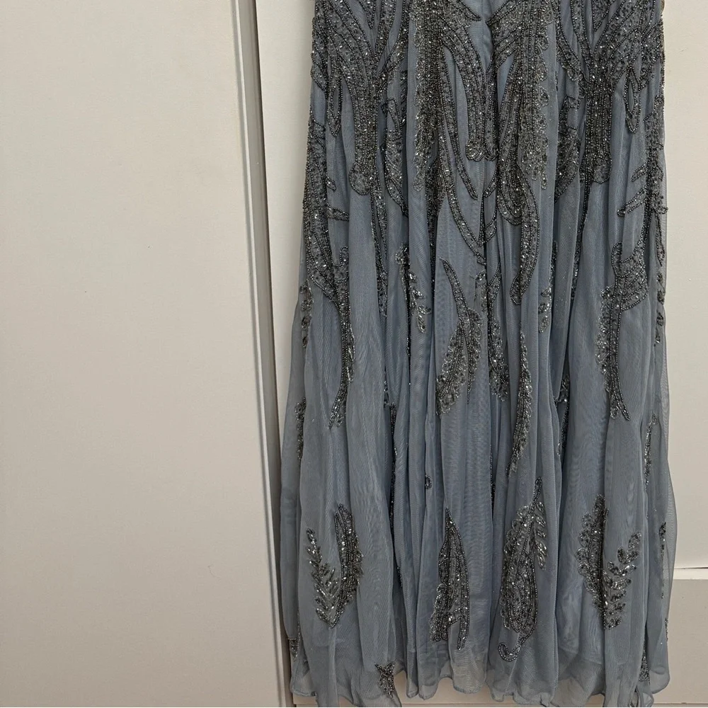 NWT |Mac Duggal A5434 Silver Short Sleeve Beaded A-line Tea Length Dress Size 10 - Picture 12 of 16
